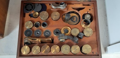 Lot 220 - Baker Brass microscope and various objectives.